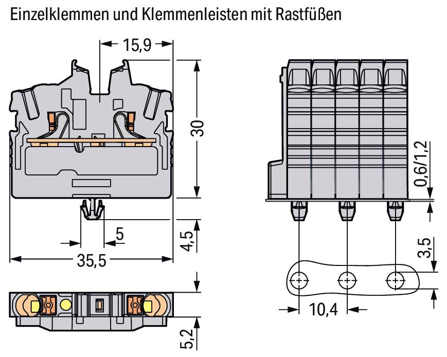 'Einzelklemmen und Klemmleisten mit Rastfüßen' Diagramm mit Abmessungen: 35,5x30mm, Klemmengröße 15,9mm und Fußhöhe 4,5mm.