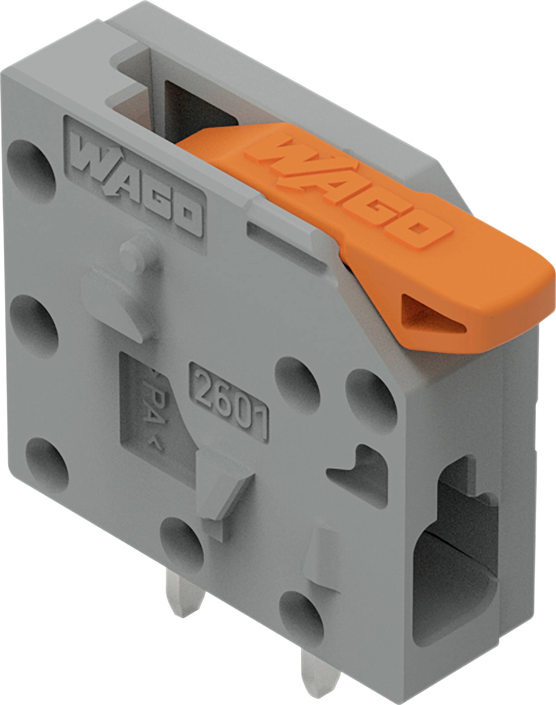 Ein grauer und orangefarbener kompakter Elektrostecker mit der Bezeichnung „WAGO", entwickelt zum sicheren Befestigen von Elektrokabeln ohne Schrauben.