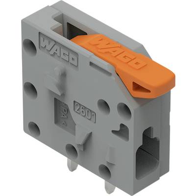 Ein grauer und orangefarbener kompakter Elektrostecker mit der Bezeichnung „WAGO", entwickelt zum sicheren Befestigen von Elektrokabeln ohne Schrauben.