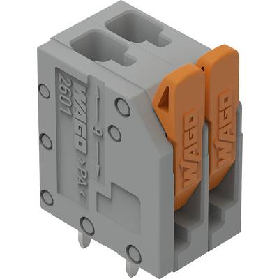 Ein grau und orange farbenes Elektroverbindungsmodul mit dem eingeprägten Markennamen "WAGO", das zwei Schlitze für Drahtverbindungen aufweist.