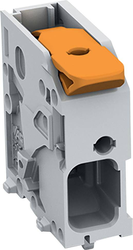 Ein grau-oranges Elektro-Klemmblock mit einem oberen Hebel zum Verbinden von Drähten und einer seitlichen Öffnung zum Einführen von Drähten.