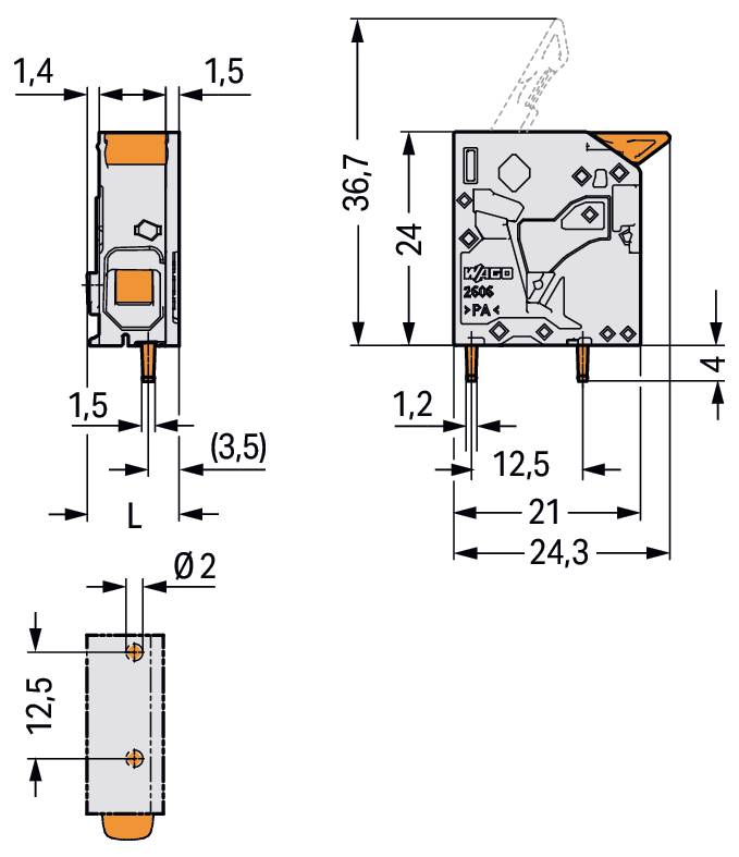 Technisches Diagramm einer elektronischen Komponente mit Messungen für Abmessungen und Anschlussabstände. Detaillierte Anmerkungen zeigen Längen und Breiten.