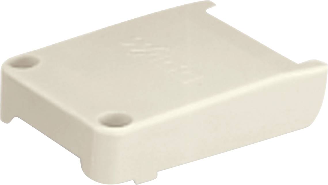 Eine beige, rechteckige Kunststoffabdeckung mit abgerundeten Kanten und zwei Schraubenlöchern, wahrscheinlich zum Schutz oder zur Gehäusung einer kleinen elektronischen Komponente verwendet.