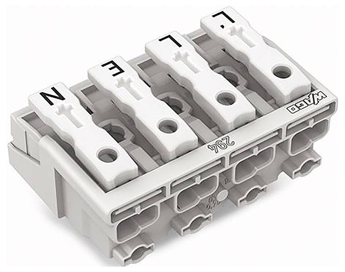 Ein grauer WAGO-Elektrostecker mit vier weißen Hebeln mit den Bezeichnungen „L", „E", „L", „N" für Verdrahtungsverbindungen.