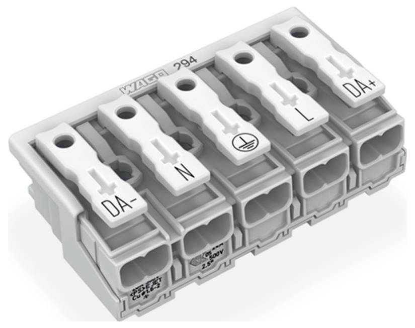 „WAGO 294" Fünf-Positionen-Elektrostecker, gekennzeichnet mit: „DA-", „N", „L", „⏚", „DA+". Konstruiert zum sicheren Verbinden von Elektrokabeln.