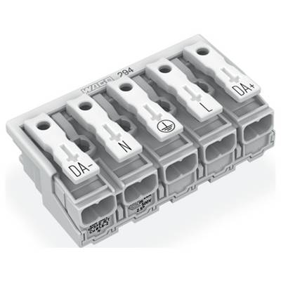 „WAGO 294" Fünf-Positionen-Elektrostecker, gekennzeichnet mit: „DA-", „N", „L", „⏚", „DA+". Konstruiert zum sicheren Verbinden von Elektrokabeln.