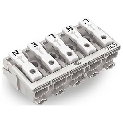 Elektrischer Klemmenblock mit fünf gekennzeichneten Anschlüssen: „L", „N", „E", „N", „L". Wird für Verdrahtungsverbindungen verwendet.