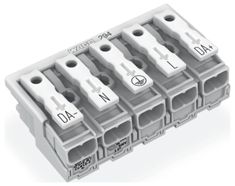 „WAGO 294" Elektroklemmenblock mit fünf beschrifteten Anschlüssen: DA-, N, Erdungssymbol, L, DA+; mit Kapazität von 450V, 32A angegeben.