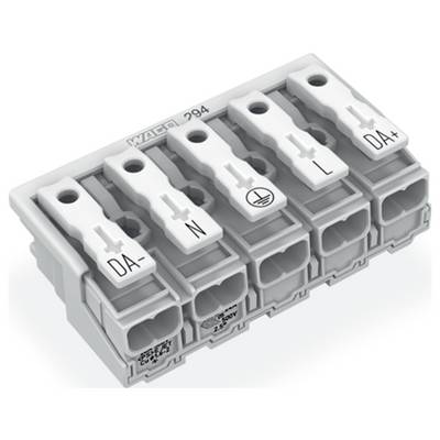 „WAGO 294" Elektroklemmenblock mit fünf beschrifteten Anschlüssen: DA-, N, Erdungssymbol, L, DA+; mit Kapazität von 450V, 32A angegeben.