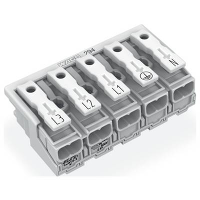 WAGO 294 Elektroklemme mit fünf gekennzeichneten Anschlüssen: L3, L2, L1, Erdung und Neutralleiter für Verdrahtungsgruppen.