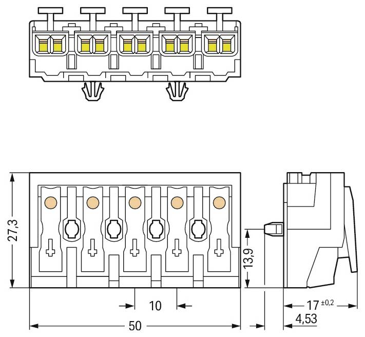 Technische Zeichnung eines elektrischen Steckers mit den Abmessungen: 27,3 mm Höhe, 13,9 mm Tiefe, 50 mm Breite. Verfügt über fünf Anschlusspunkte.