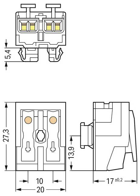 Technische Linienzeichnung einer elektronischen Komponente mit Vorder- und Seitenansichten mit Abmessungen: 27,3 mm Höhe, 20 mm Breite und 13,9 mm Tiefe.