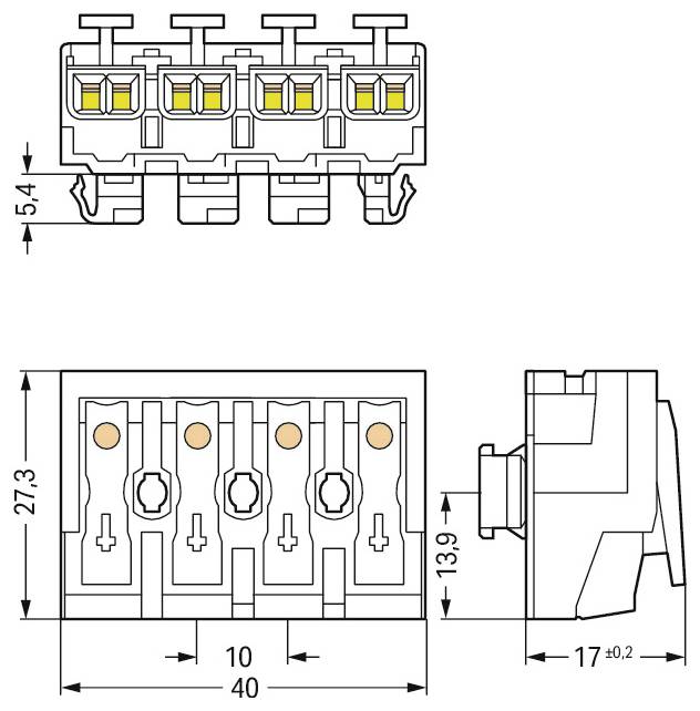 Technisches Schaltplan eines Steckers mit Abmessungen: Höhe 27,3 mm, Breite 40 mm, Tiefe 17 mm und Abstand zwischen den Stiften 10 mm.