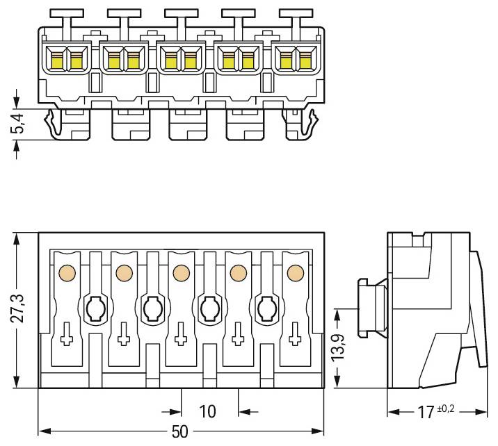 Technisches Diagramm eines 5-poligen Klemmblocks, Abmessungen: 50 mm Länge, 27,3 mm Höhe, 13,9 mm Tiefe. Enthält Verbindungsdetails.