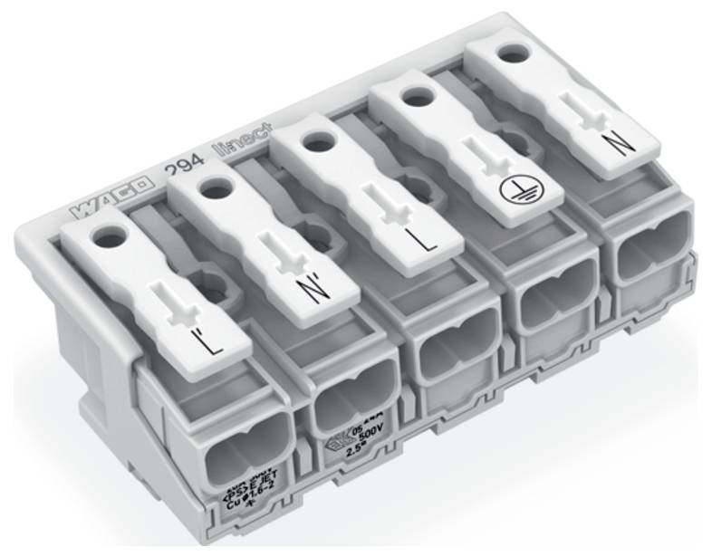 Technische Zeichnung eines Steckverbinders mit Abmessungen: 14,3 mm breit, 15,8 mm hoch. Stiftlänge beträgt 6,3 mm und der Abstand beträgt 5 mm.