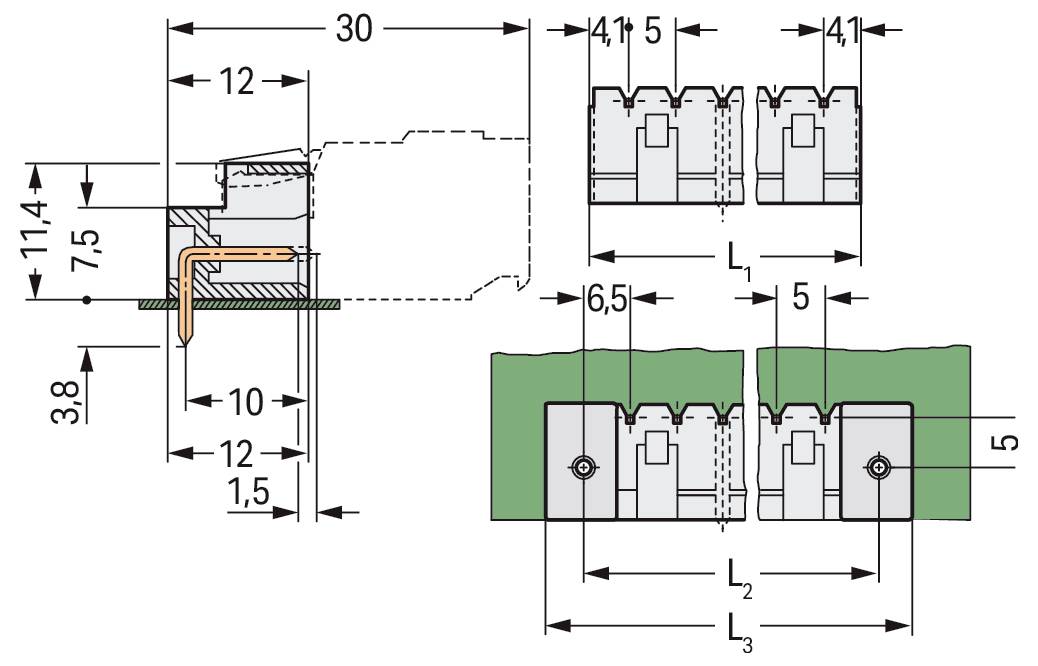 Technische Zeichnung von Elektrosteckverbindern auf einer Leiterplatte, die Abmessungen und Abstände für präzise Installation zeigt.