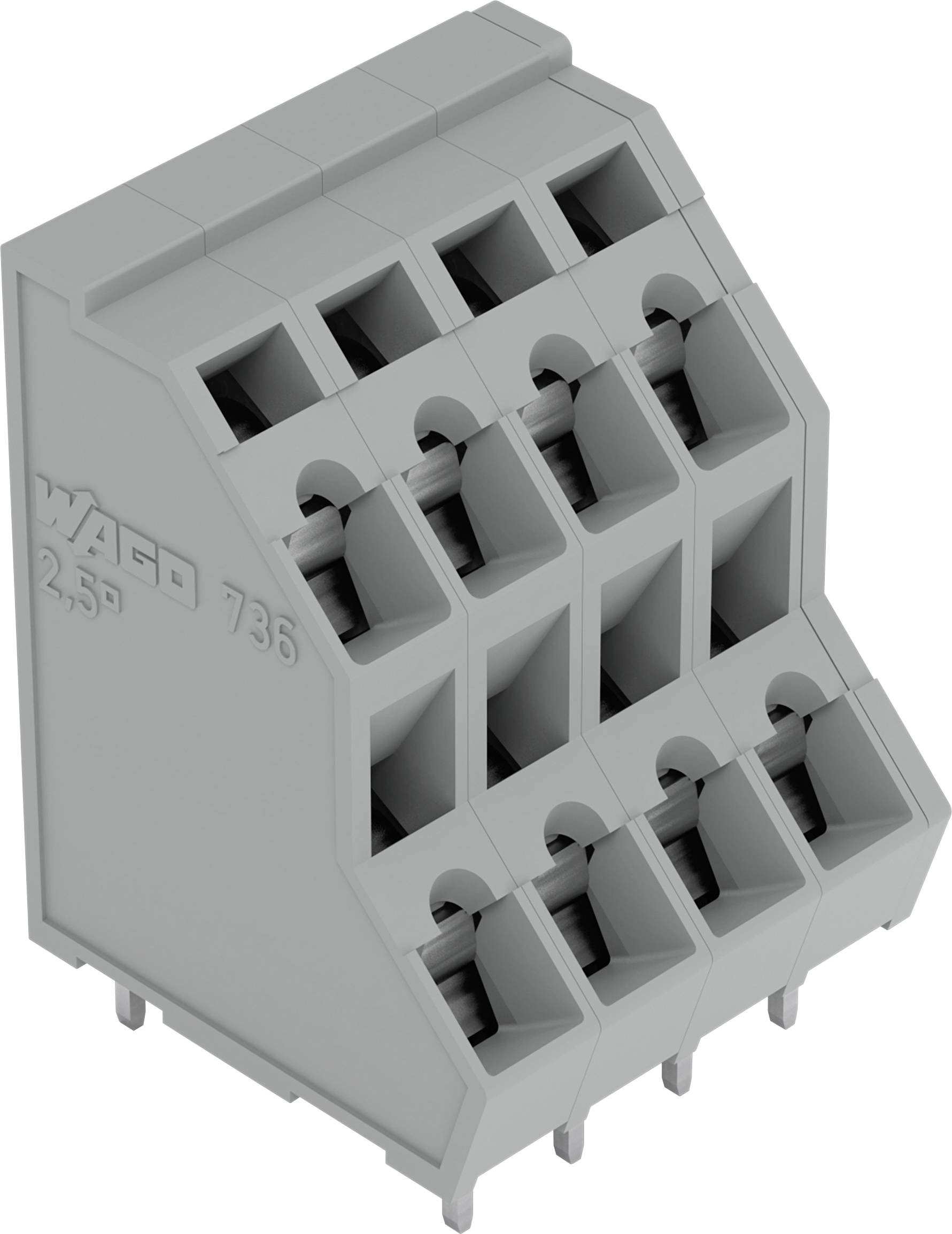 Ein grauer Reihenklemmen-Steckverbinder mit vier Paaren von Drahtschlitzen, konzipiert für elektrische Verbindungen, gekennzeichnet mit „WAGO 2,5 736".