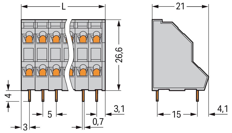 Grauer WAGO 805-Stecker mit sechs Anschlüssen und weißen Hebeln, verwendet für elektrische Verbindungen.