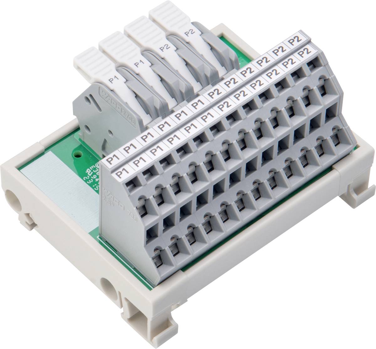 Ein grauer elektrischer Klemmblock mit beschrifteten Anschlüssen „P2" auf einer grünen Leiterplattenbasis, die zum Montieren und Sichern von Verdrahtung verwendet wird.