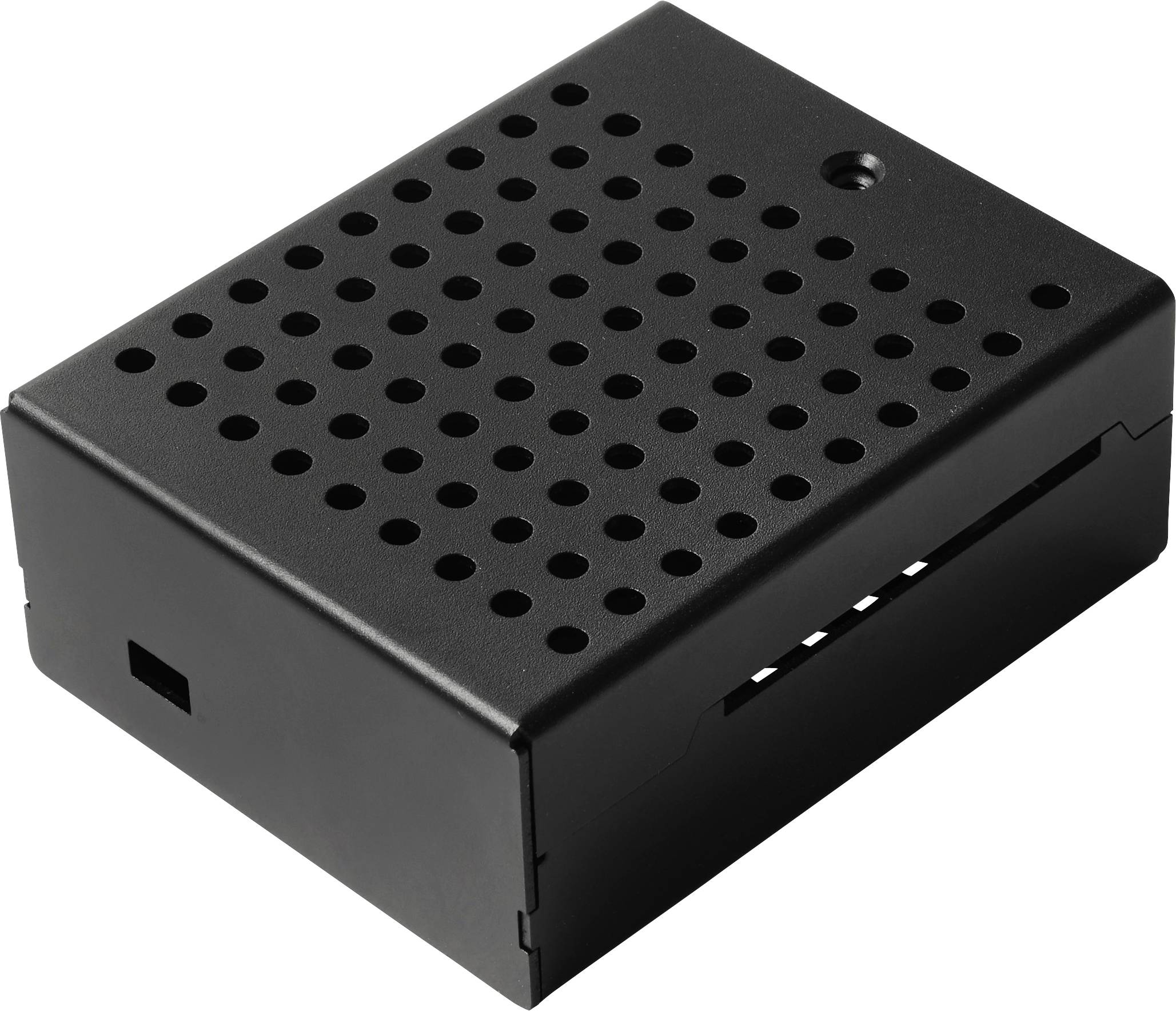 Ein schwarzes belüftetes elektronisches Gehäuse mit einem Gitter aus kreisförmigen Löchern auf der Oberseite und einer kleinen Anzeigelampe in der Ecke.