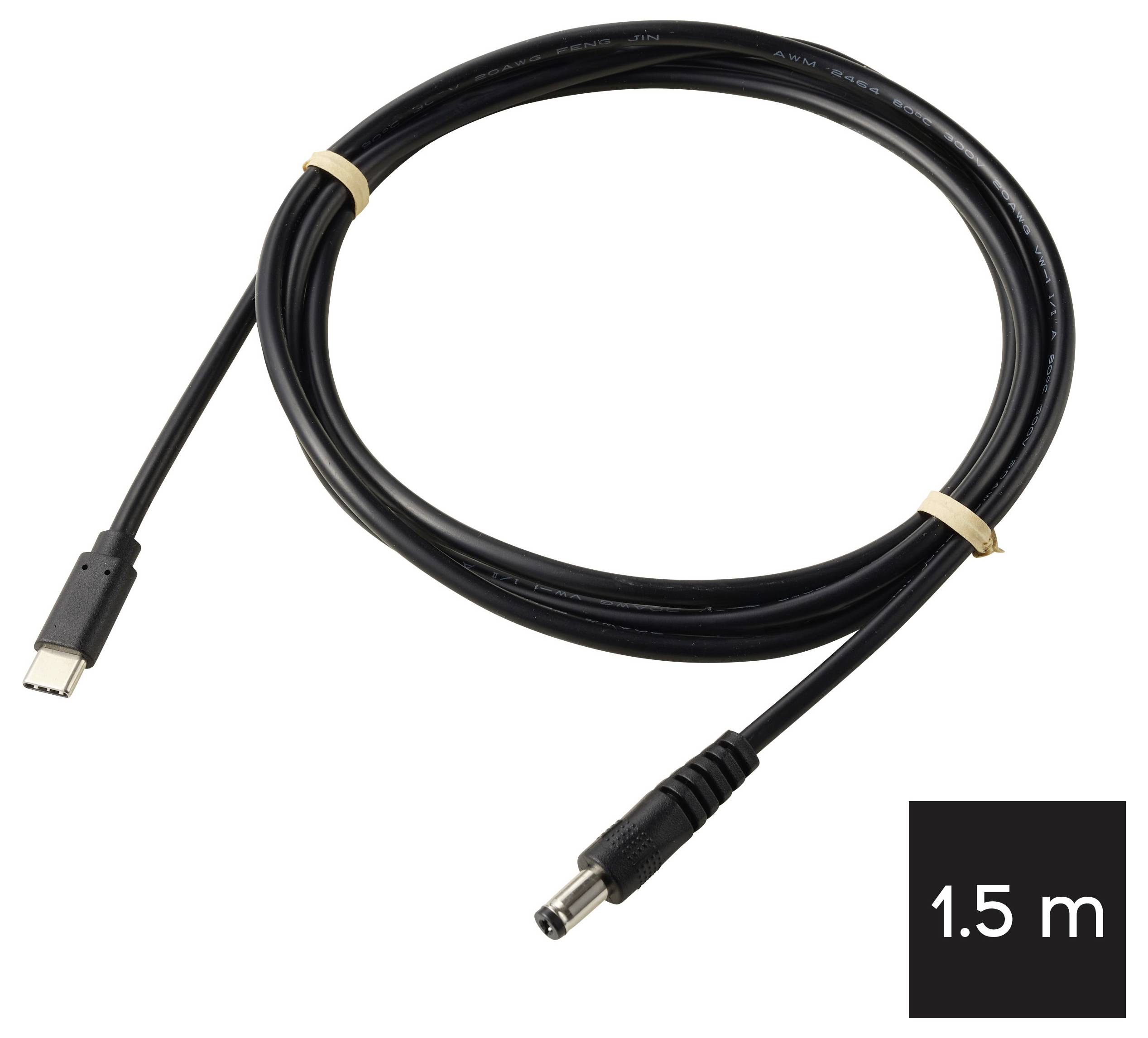 1,5 m schwarzes Kabel mit USB-C-Stecker auf einer Seite und DC-Barrel-Stecker auf der anderen Seite, aufgerollt auf weißem Hintergrund dargestellt.