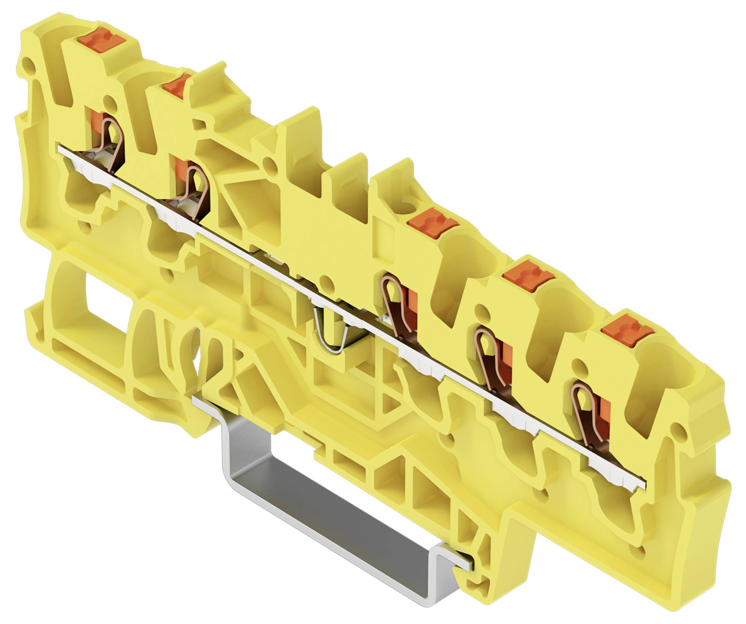Ein gelber modularer Klemmblock mit Metallstecker, der mehrere Anschlussöffnungen und orangefarbene Entriegelungshebel zeigt, verwendet in elektrischen Systemen.