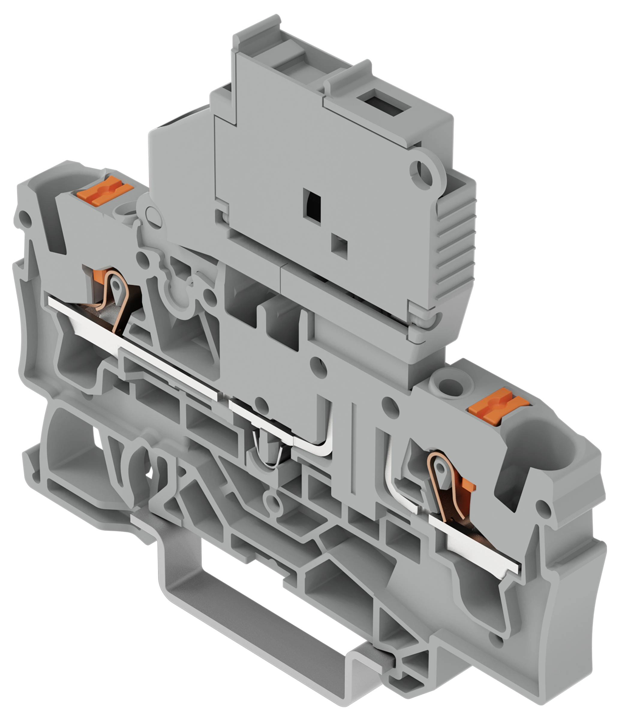 Ein grauer Elektroklemmenblock mit orangefarbenen Hebelsteckern, entwickelt zum Befestigen und Verbinden von zwei Drähten in einem elektrischen Stromkreis.