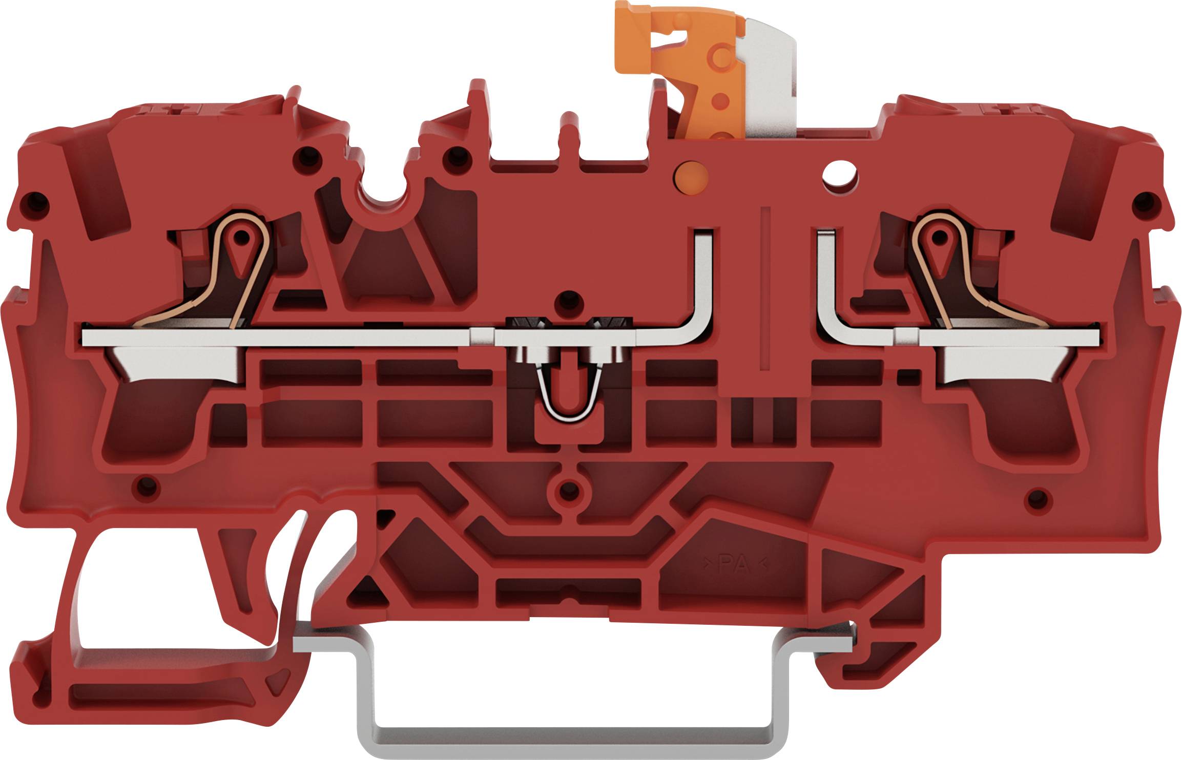 Eine rote mechanische Komponente mit sichtbarer Verdrahtung und Anschlüssen, wahrscheinlich eine Reihenklemme, die zur Organisation von Stromkreisen verwendet wird.