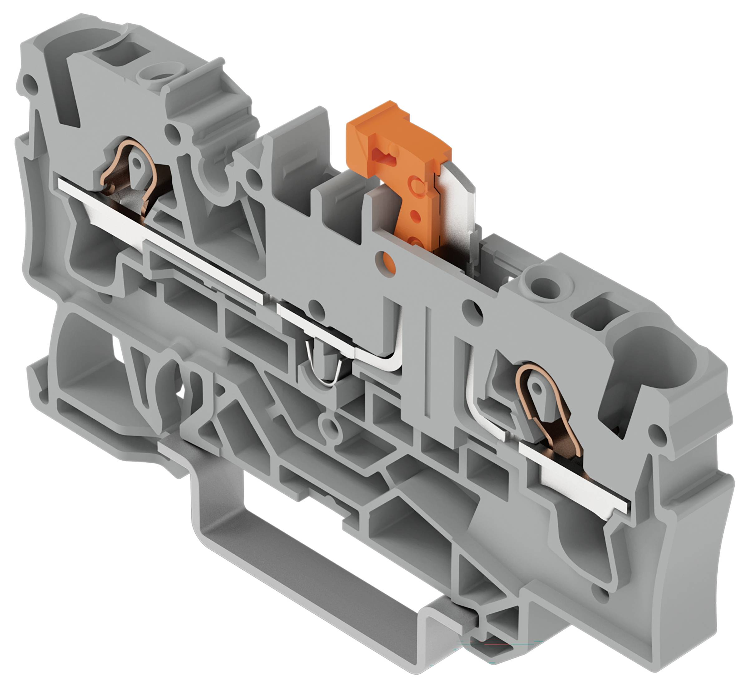 Ein graues Kunststoff- und Metallelektrik-Klemmblock mit orangefarbenem Hebelmechanismus, das zum Verbinden von Stromkreisen verwendet wird.