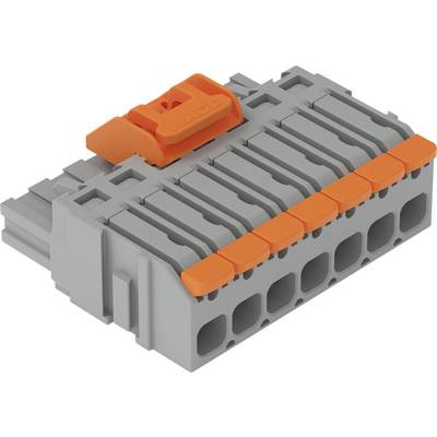 Ein grauer und orangefarbener elektrischer Stecker mit mehreren schraubenlosen Klemmen, der zum Organisieren und Sichern von elektrischen Drähten in Schaltkreisen verwendet wird.