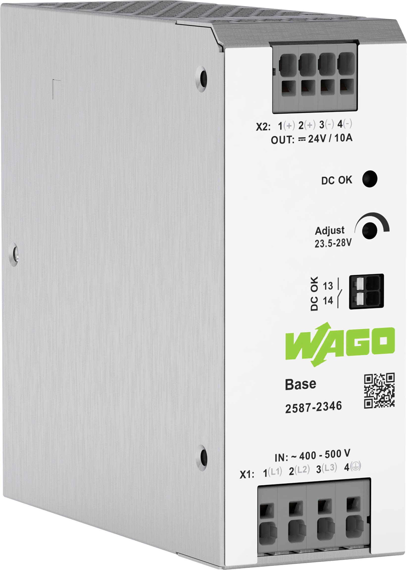 Stromversorgungsmodul mit der Bezeichnung „WAGO Base 2587-2346", mit Spannungseingängen 400-500V und Ausgängen 24V/10A. Enthält einen Einstellknopf und Statusanzeigen.