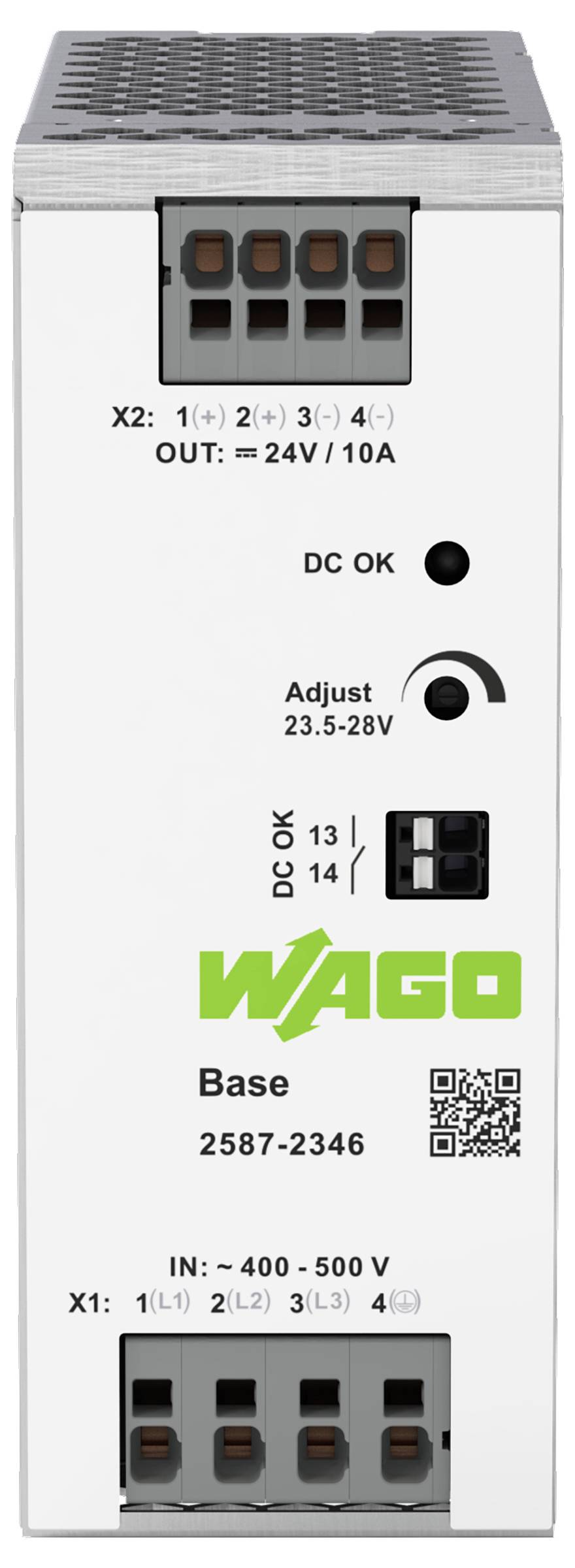 Frontansicht eines WAGO-Stromversorgungsgeräts mit „24V/10A OUT", „Adjust 23.5-28V" und Eingangsspannungsbereich „400-500V". Enthält Indikatoren für „DC OK".