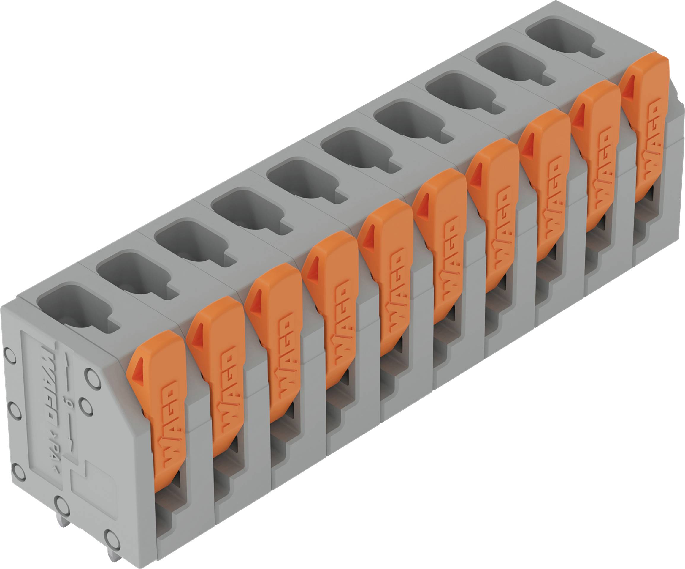Ein grauer und orangefarbener modularer Klemmblock mit mehreren Anschluss­punkten.