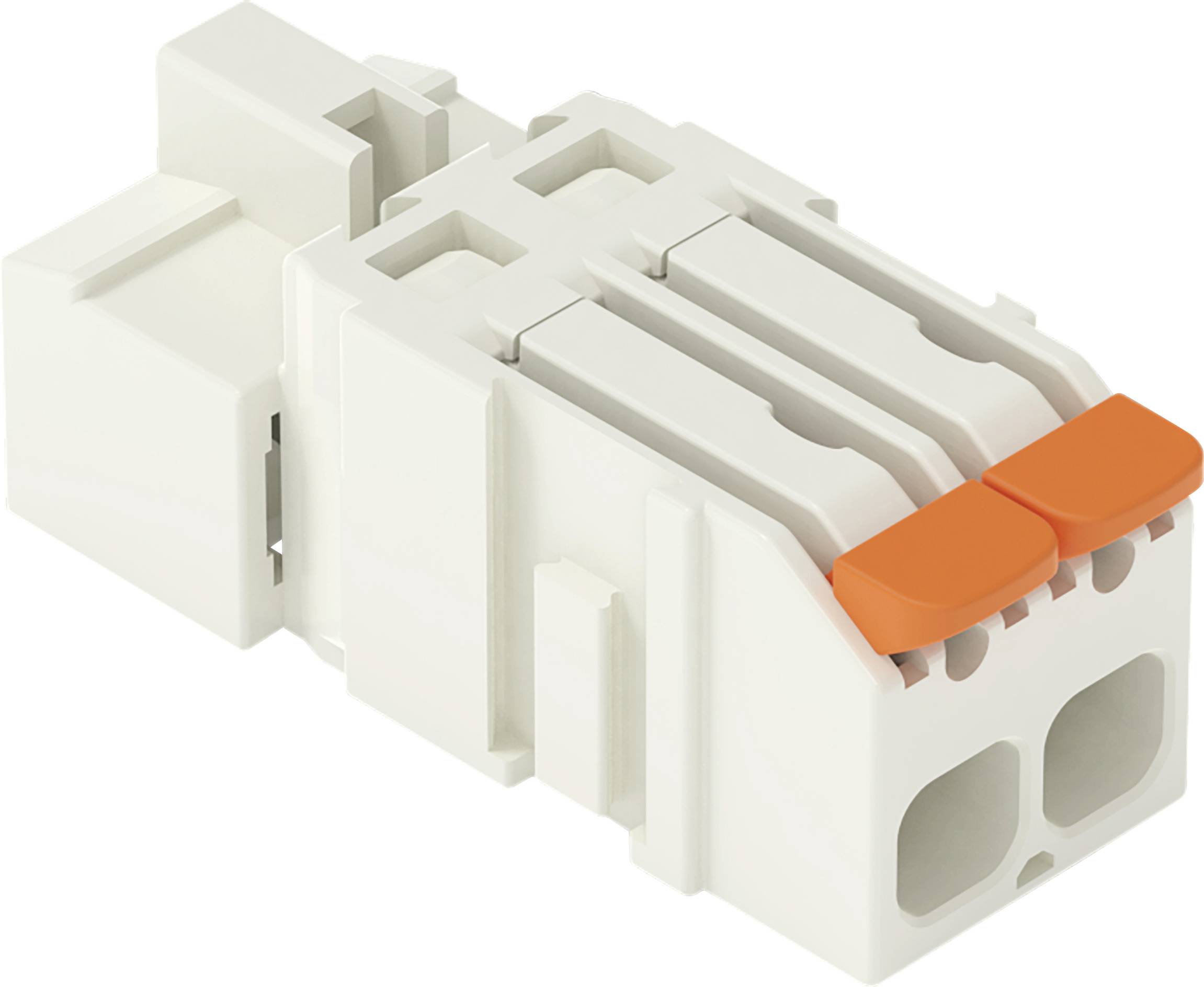 Ein weißer Kunststoff-Elektrostecker mit zwei Schlitzen und orangefarbenen Hebeln, der zum sicheren Verbinden von Drähten verwendet wird.
