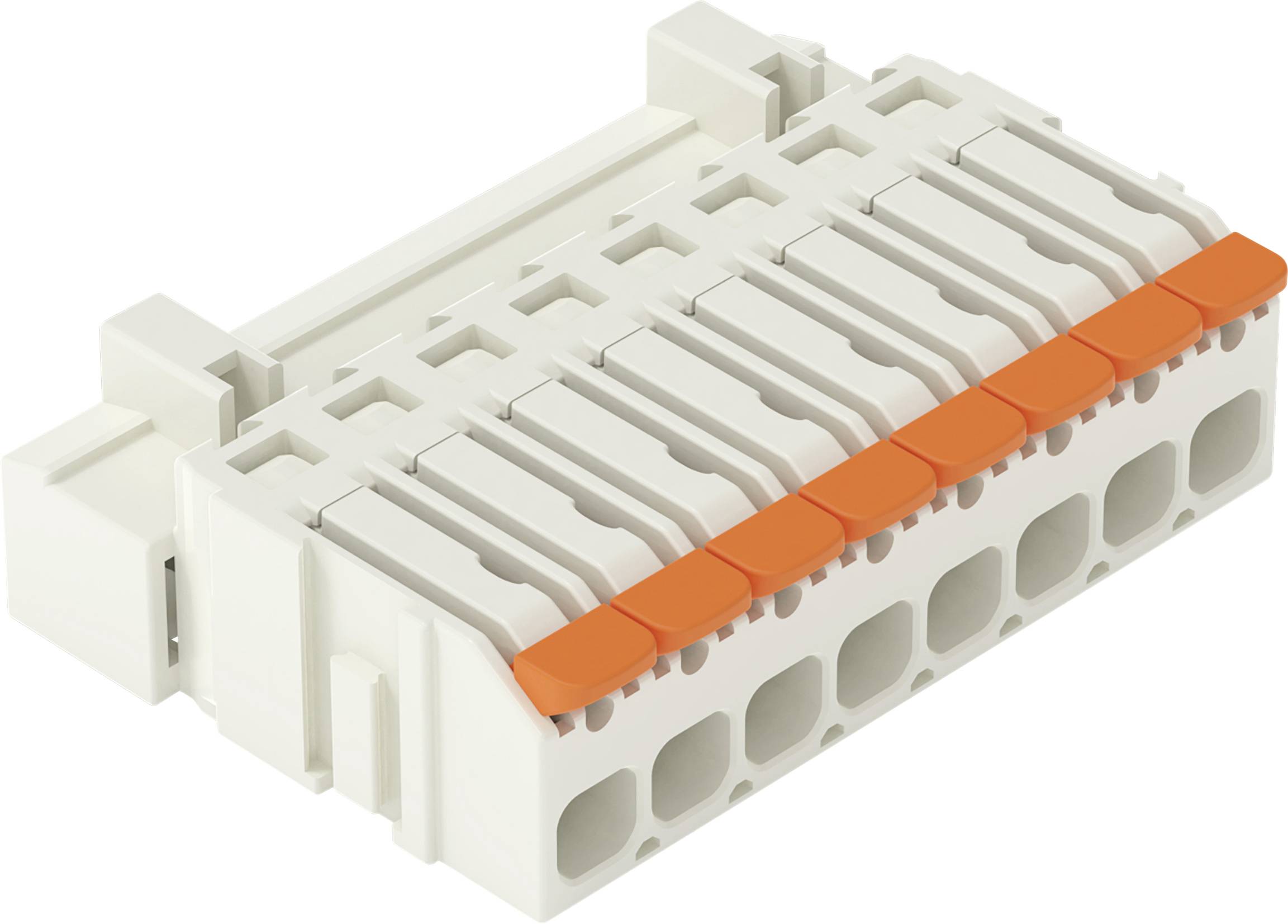 Ein weißes Kunststoff-Elektroklemmleistenblock mit mehreren Anschlussplätzen und einem orangefarbenen Streifen oben zum Sichern von Drähten.
