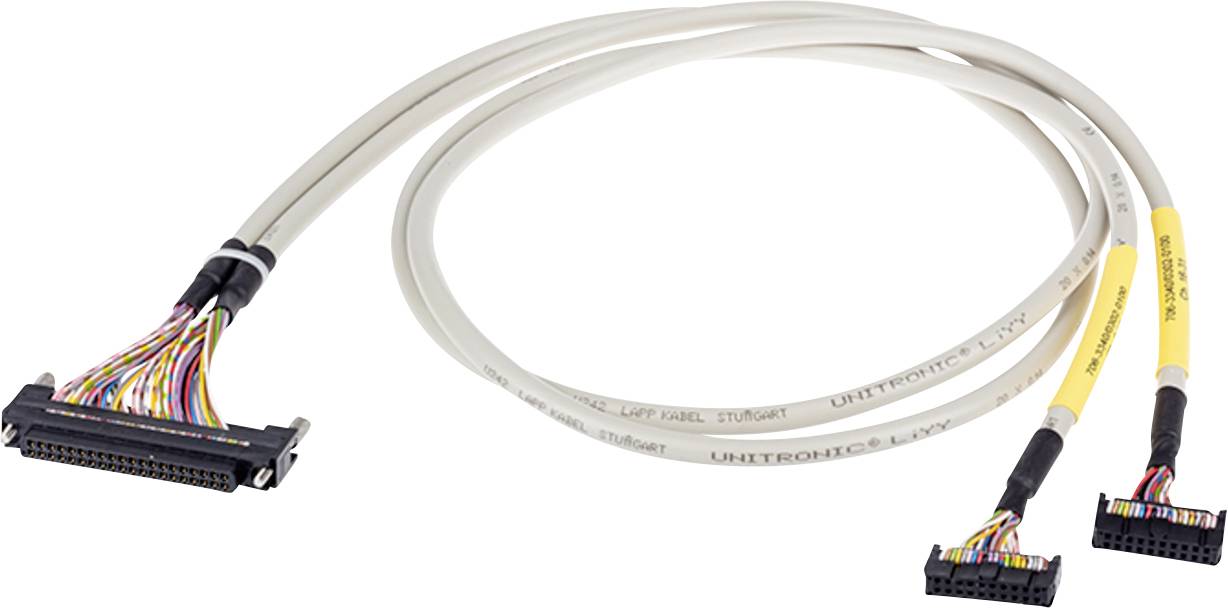 Kabelanordnung mit einem großen Stecker an einem Ende und zwei kleineren Steckern am anderen Ende, konzipiert für komplexe elektronische Aufbauten.