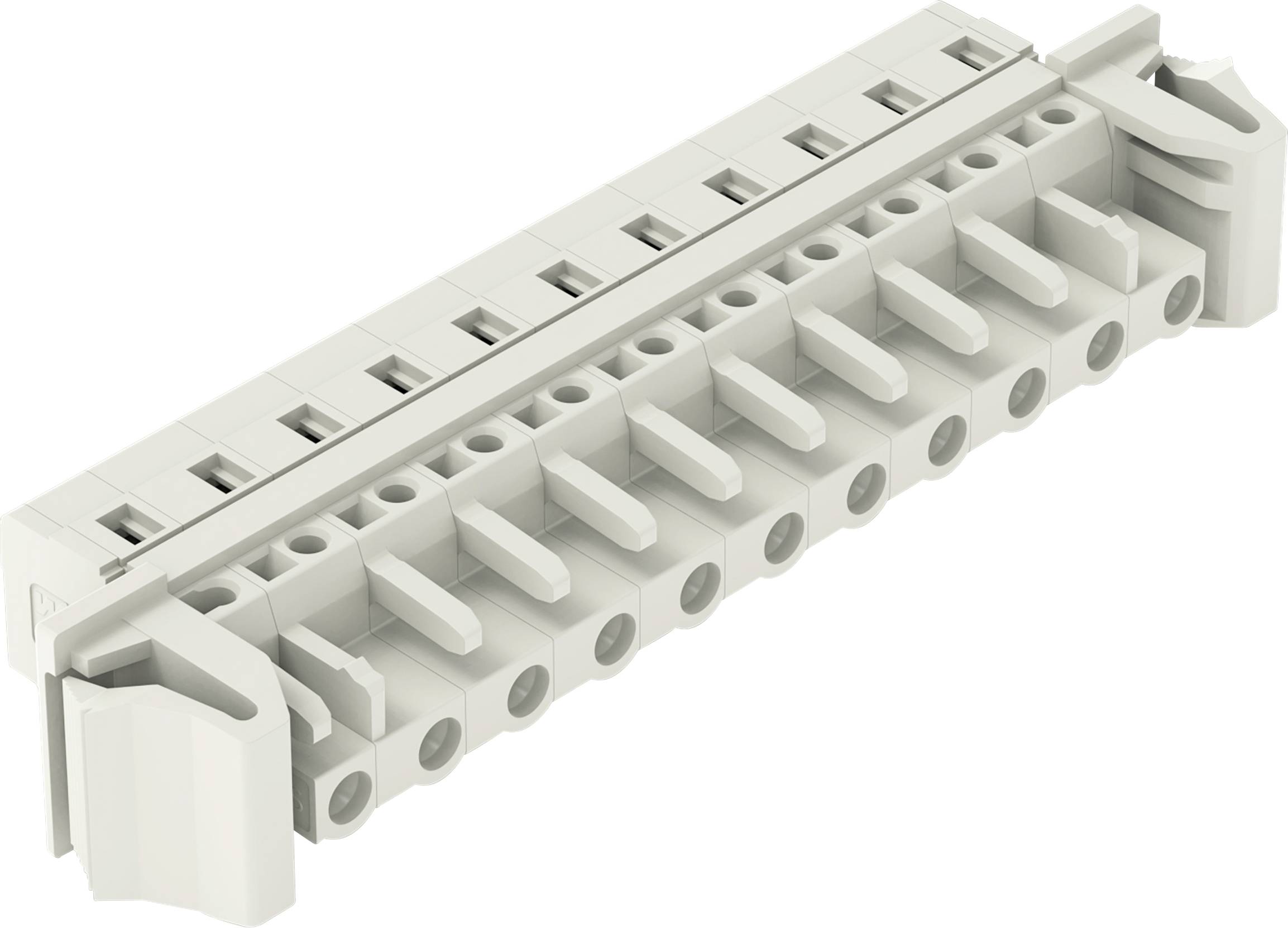 Ein weißes elektrisches Anschlussleistenbrett mit mehreren Anschlussanschlüssen. Entwickelt für sichere elektrische Verdrahtung. Seitenansicht mit Verriegelungszangen.