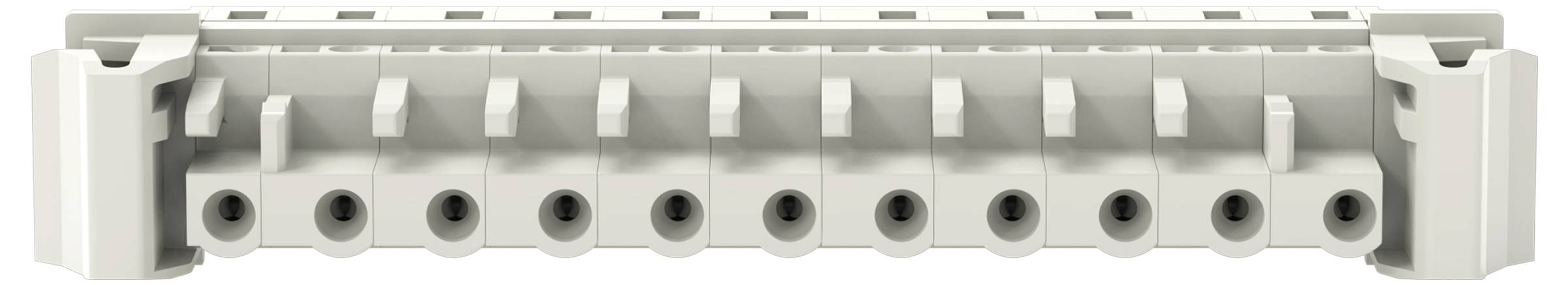Ein grauer Kunststoff-Elektrostecker mit zehn kreisförmigen Öffnungen, die horizontal angeordnet sind, wird verwendet, um Drähte oder Kabel zu sichern.