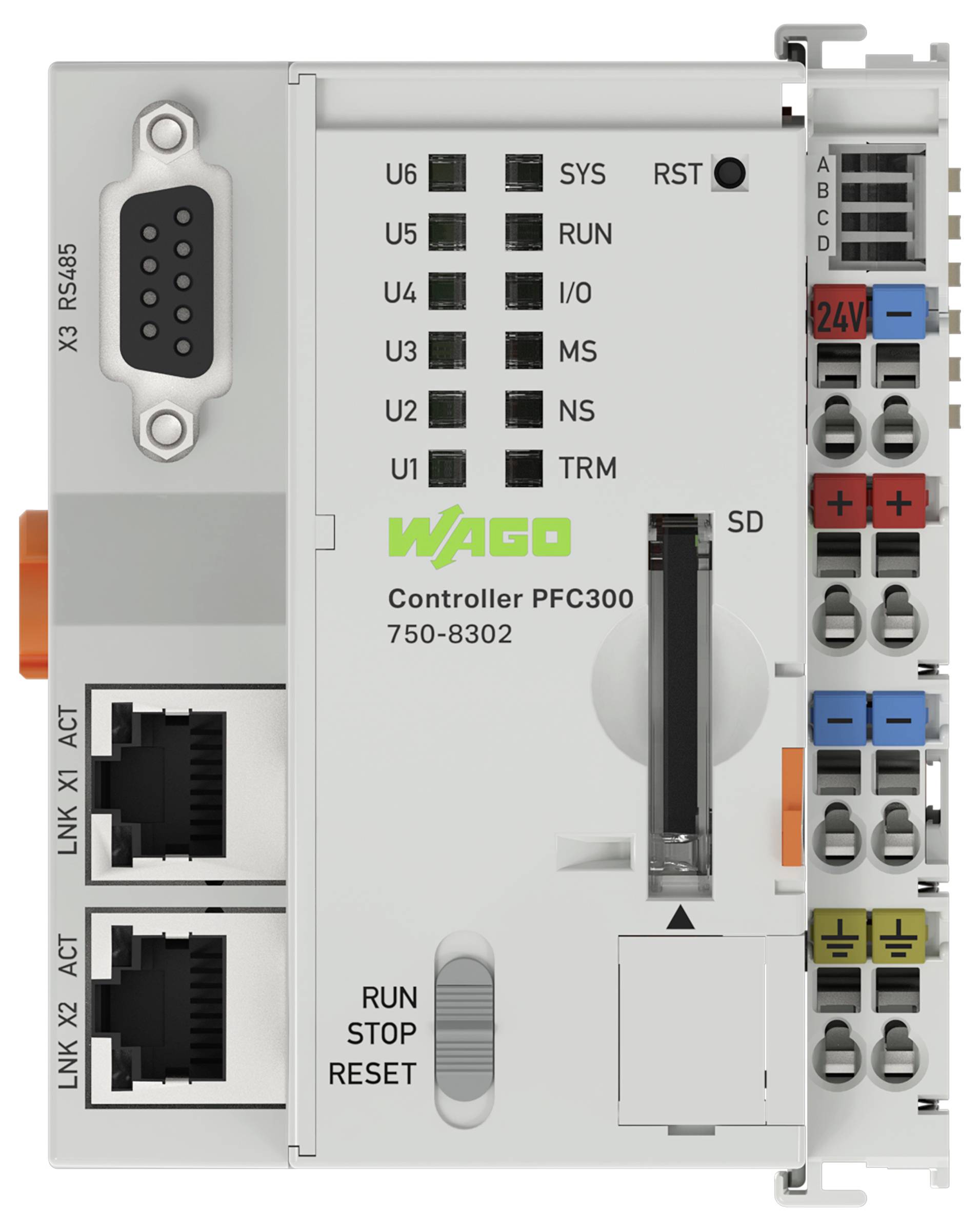 Ein WAGO PFC300 Controller 750-8302, mit Netzwerkports, Steuertasten, Status-LEDs und Stromversorgungseingängen.