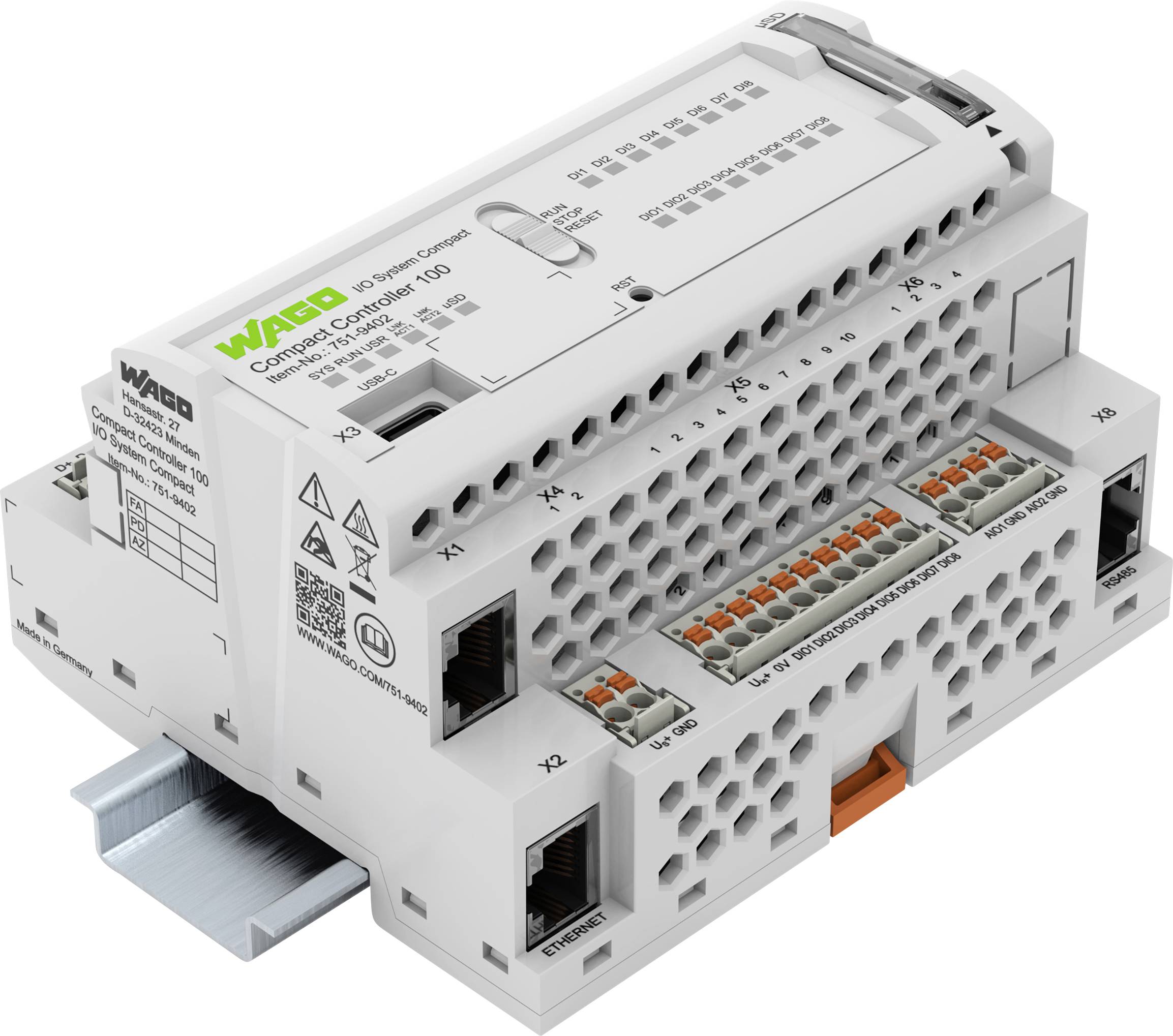 Ein kompaktes, rechteckiges Industriesteuermoldvl mit verschiedenen Anschlüssen und Steckverbindern, auf der Seite mit "WAGO Controller PFC100" gekennzeichnet.