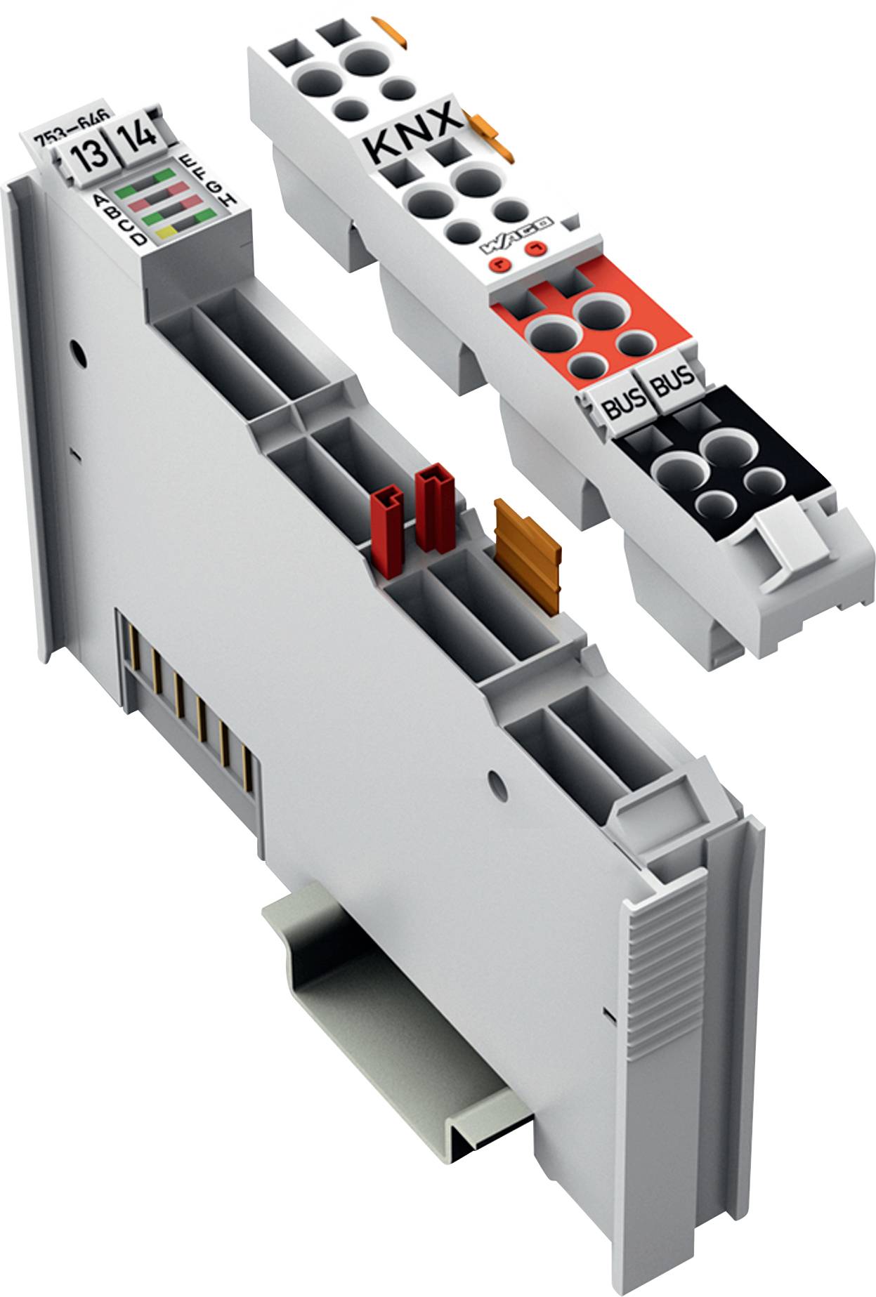 Ein grauer KNX-Stecker mit mehreren Anschluss-Slots zum Verdrahten. Er enthält gekennzeichnete Bereiche für effiziente elektrische Verbindungen.