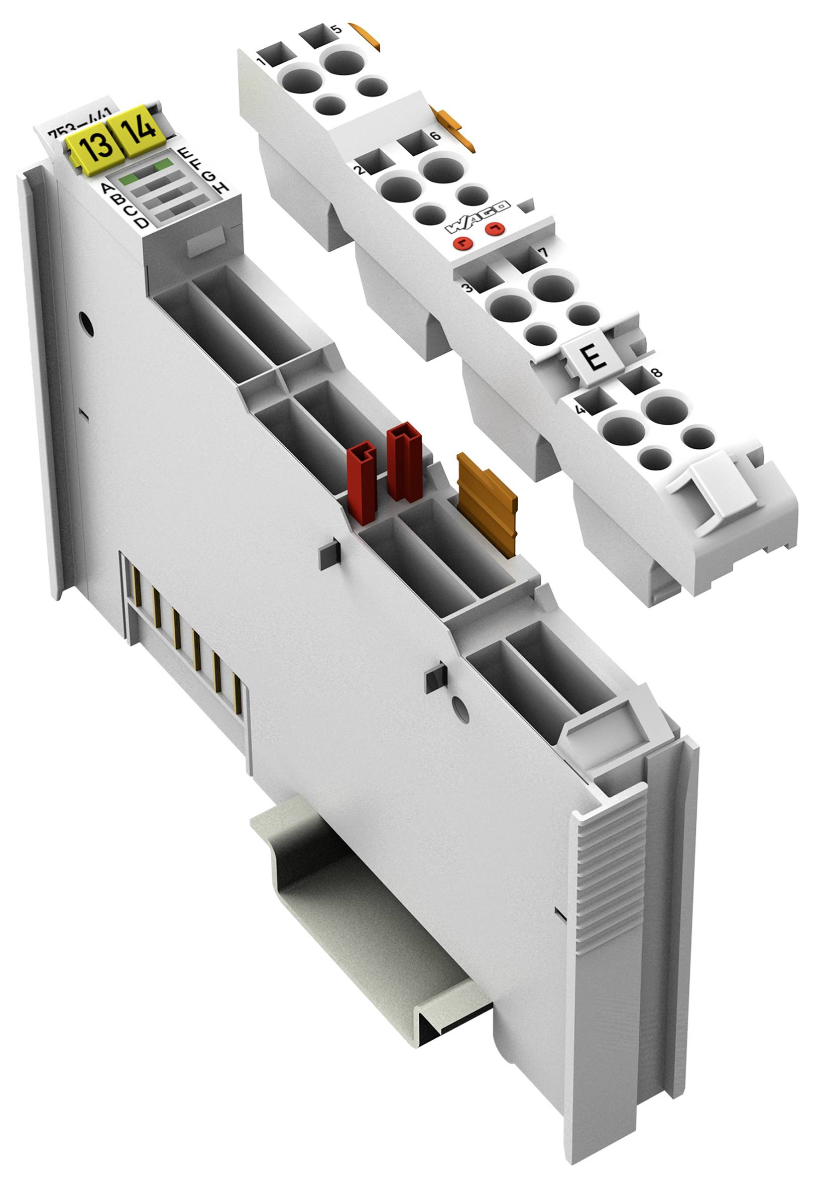 Ein modulares Relais mit dualen Nummernbezeichnungen '13/14' auf der Oberseite und abnehmbaren Klemmleisten. Es verfügt über mehrere Anschlußpunkte zum Verdrahten.