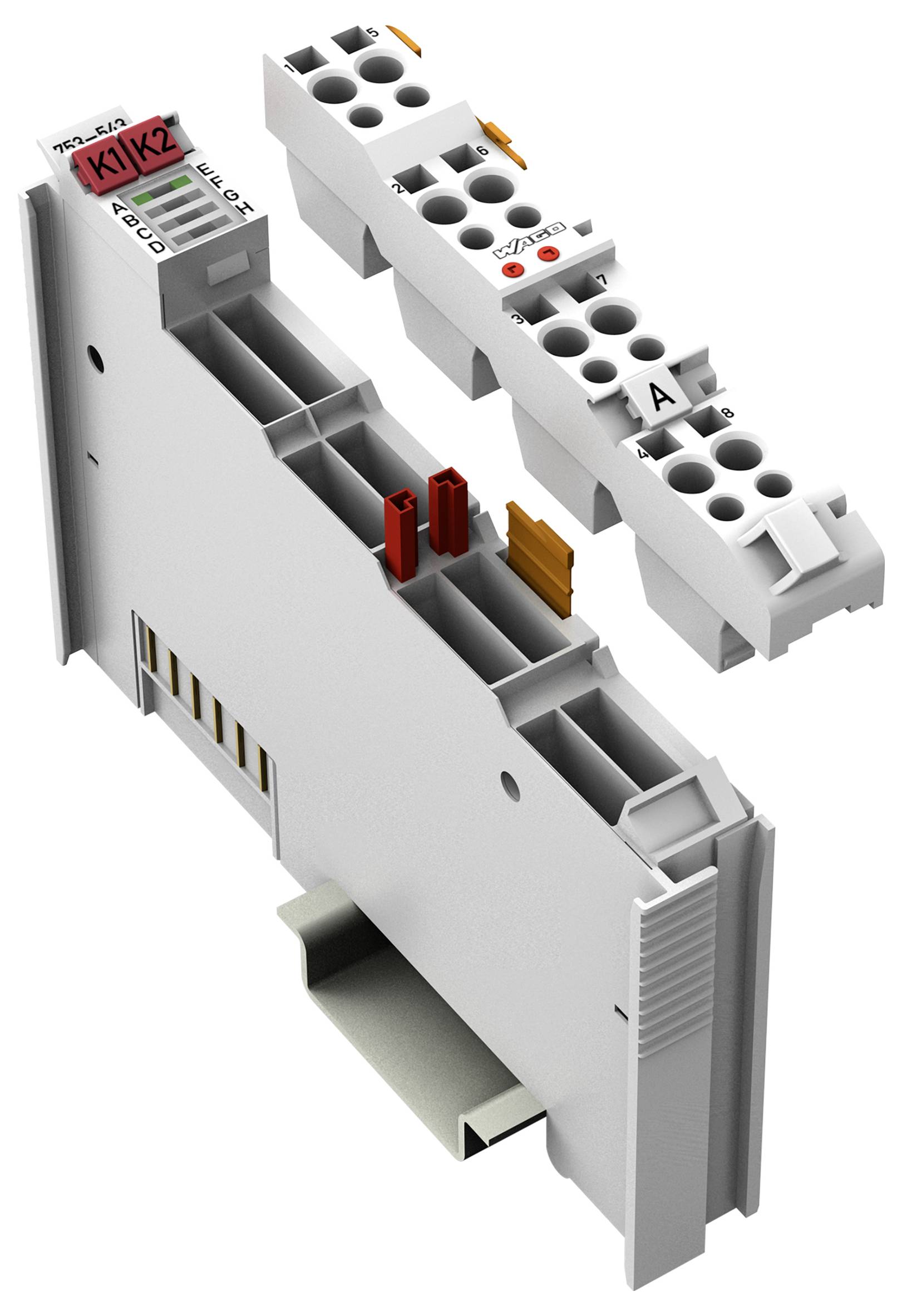 Eine Nahaufnahme eines elektronischen Moduls mit beschrifteten Steckverbindern „K1/K2" und „A", die Anschlüsse und Schlitzräume für Verdrahtungsbefestigungen zeigt.
