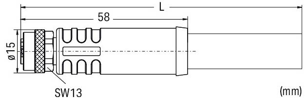 Technische Zeichnung eines Zylindersteckers mit der Bezeichnung „SW13" mit den Abmessungen: Länge „L", ein Segment von 58 mm Länge und ein Durchmesser von 15 mm.