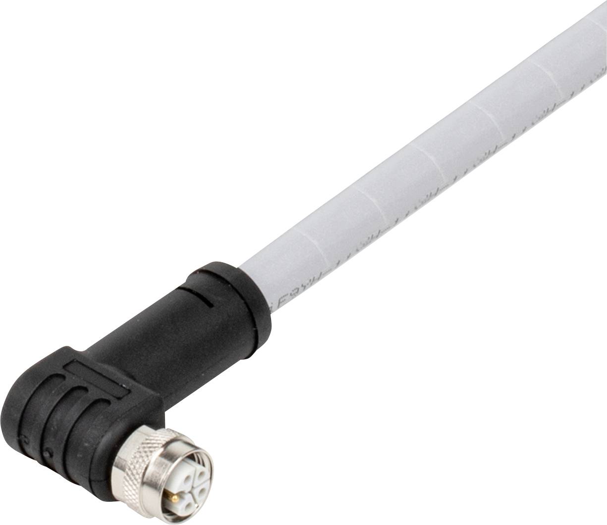 Ein rechtwinkliger M12 4-polig A-codierter Stecker mit schwarzem Gehäuse und grauem Kabel, verwendet für die Industrieautomation.