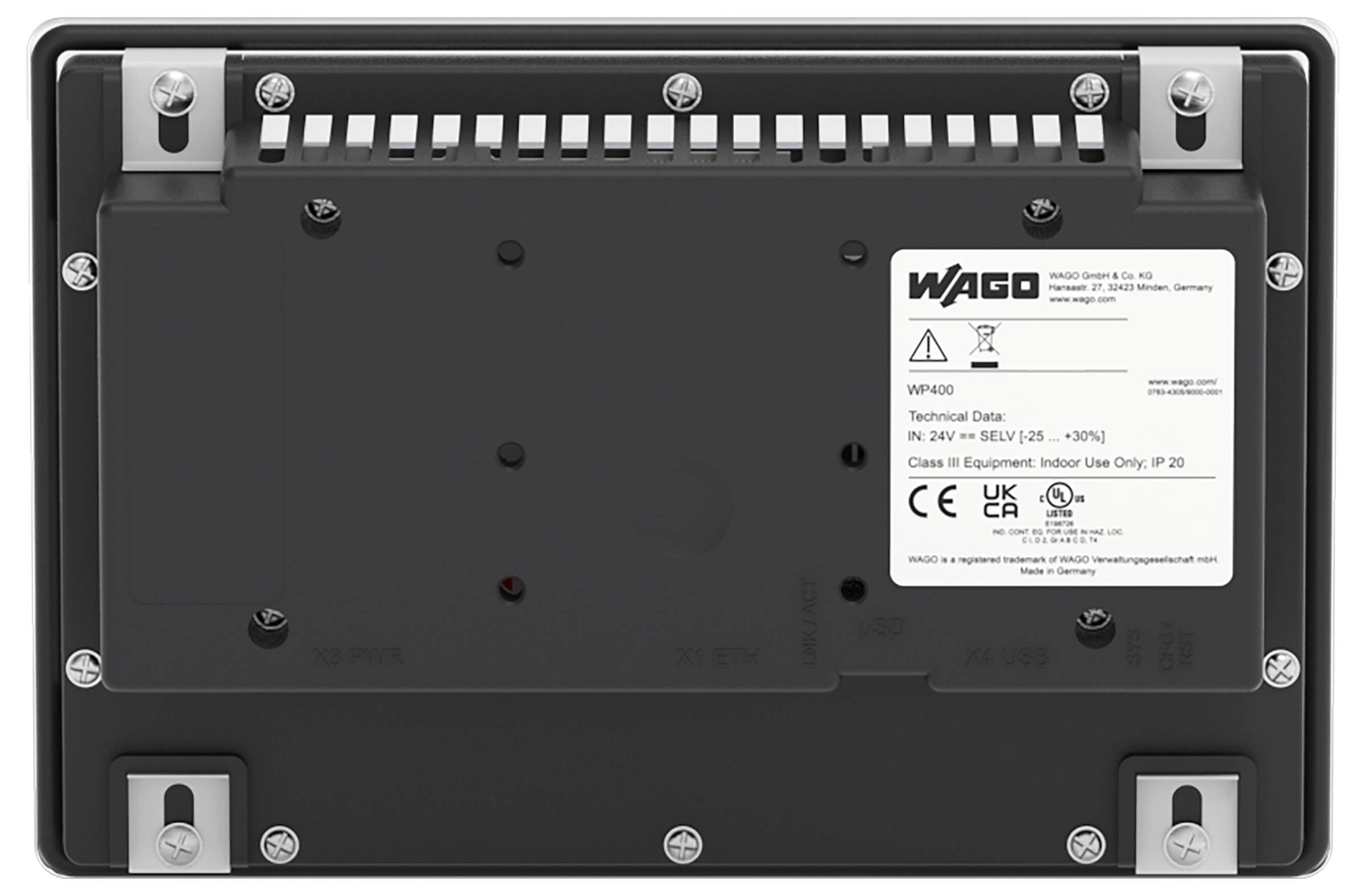 Rückansicht eines elektronischen Geräts mit der Bezeichnung „WAGO", das technische Spezifikationen und Zertifizierungslogos zeigt, mit Fokus auf die Verwendung in Innenräumen.