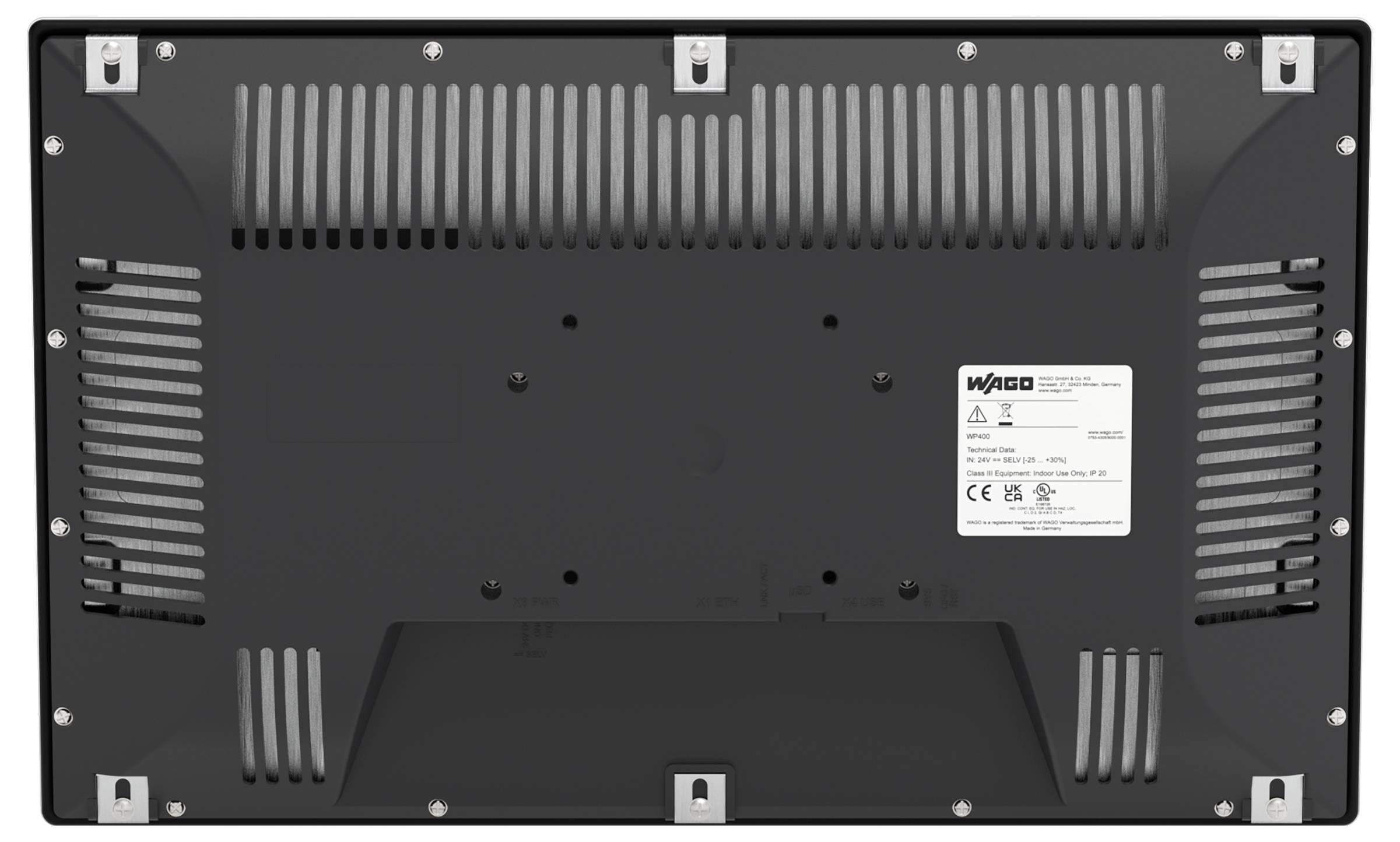 Das Bild zeigt die Rückseite eines MAQ LED-Displays mit mehreren Belüftungsschlitzen und einem Herstelleretikett mit technischen Spezifikationen.