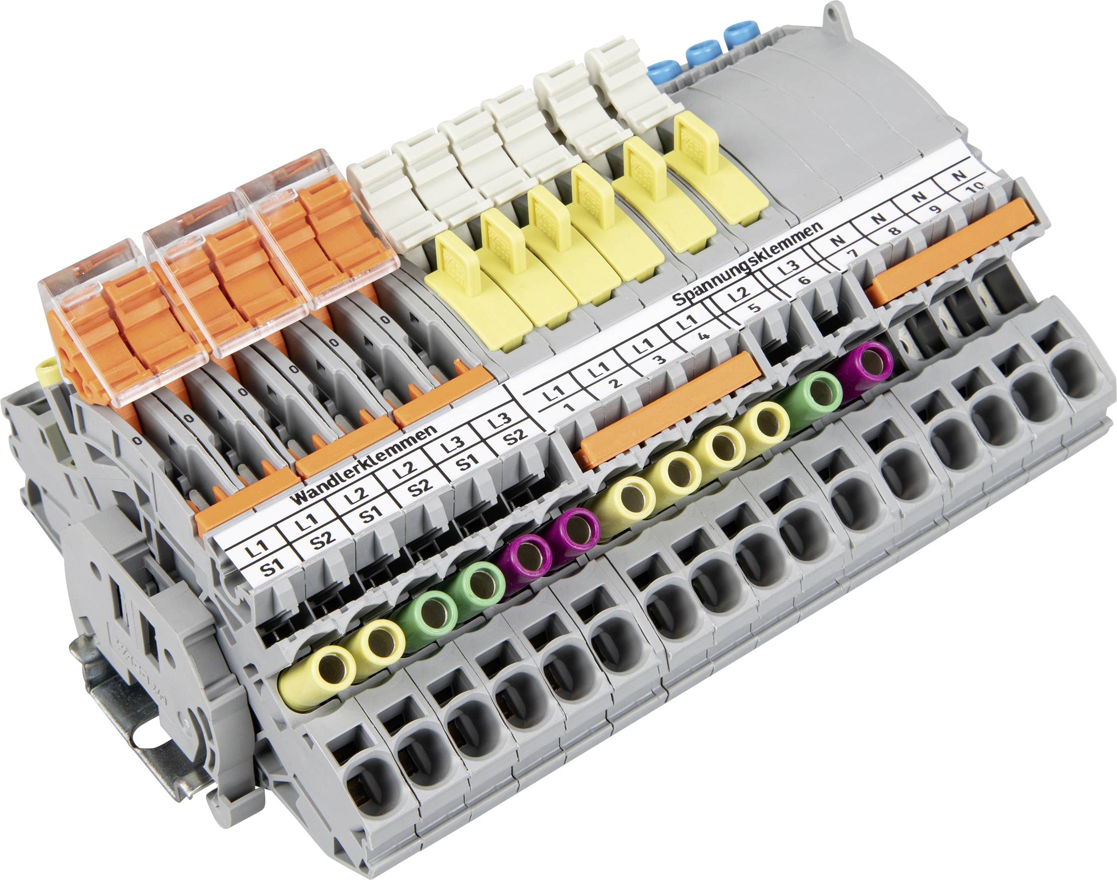 Ein graues modulares Klemmenblock mit farbcodierten Klammern und Beschriftungen, die Verbindungen für Stromwandler und Spannungsmessung anzeigen.