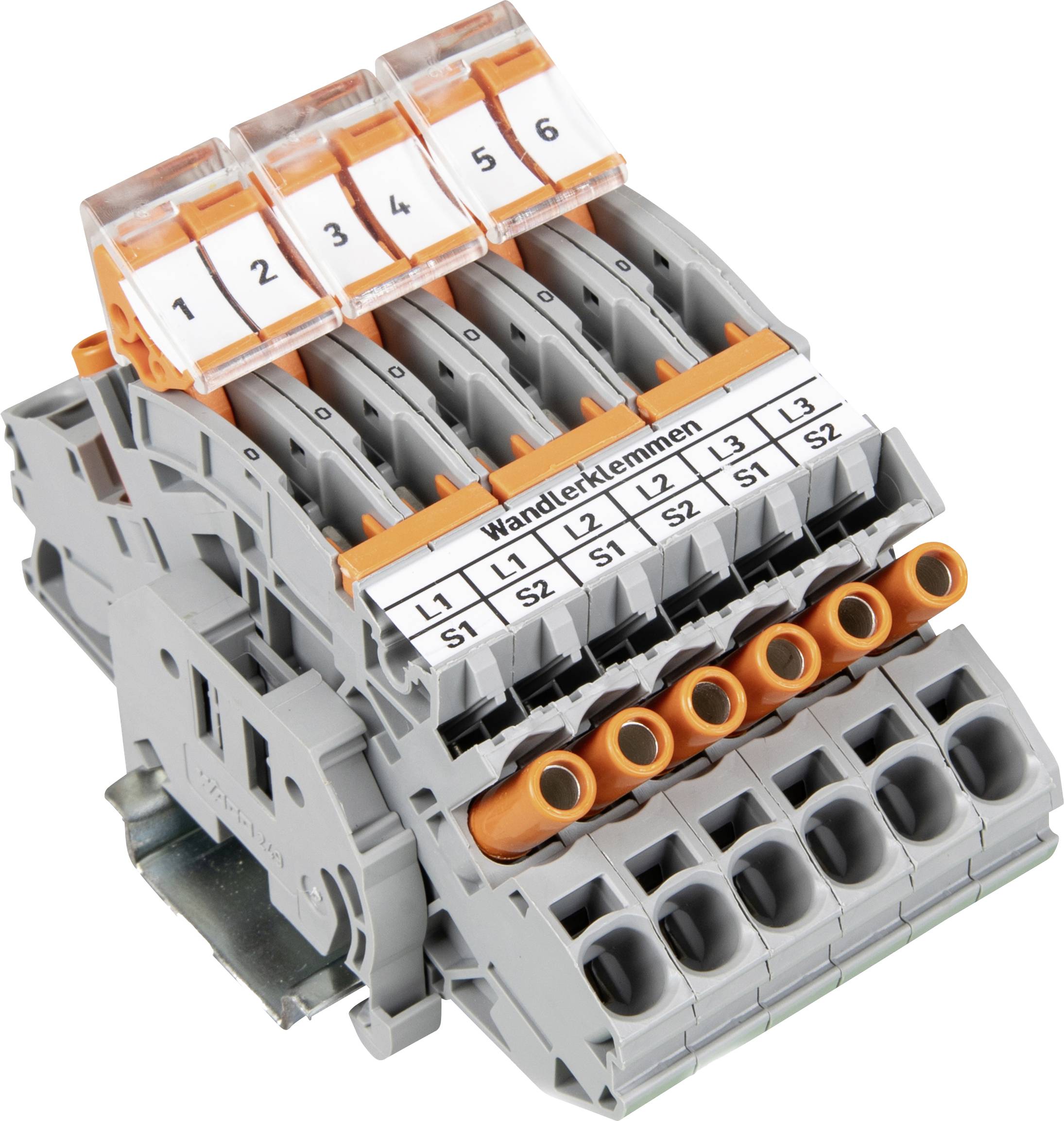 Ein Klemmenblock mit sechs beschrifteten Anschlüssen (1 bis 6) und mehreren Anschlussöffnungen. Wird für elektrische Verkabelung und Verbindungen in Schaltkreisen verwendet.