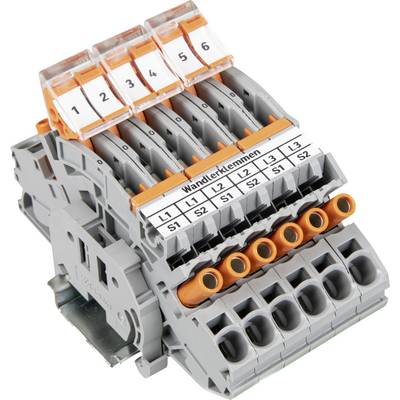 Ein Klemmenblock mit sechs beschrifteten Anschlüssen (1 bis 6) und mehreren Anschlussöffnungen. Wird für elektrische Verkabelung und Verbindungen in Schaltkreisen verwendet.